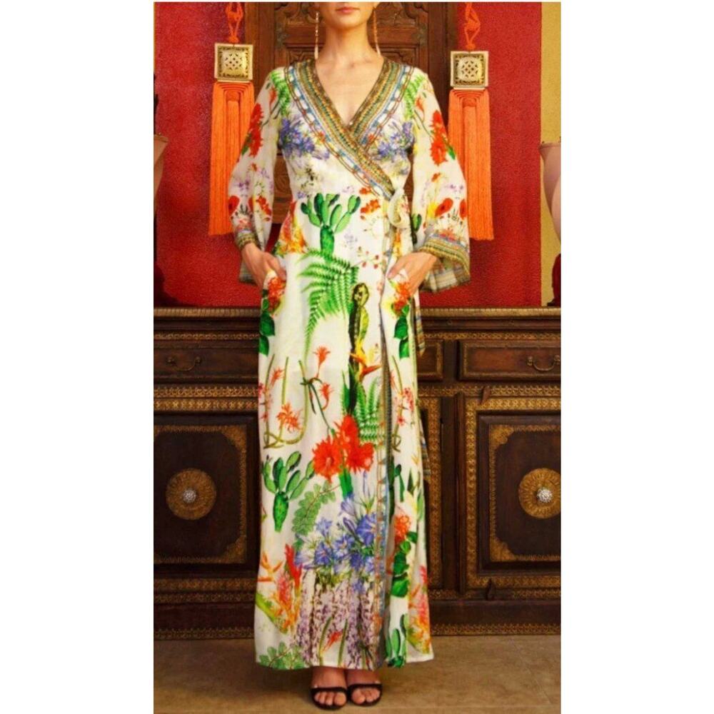 SHAHIDA PARIDES Sz S M Green Envy Desert Bloom Long Bell Sleeve Wrap Dress NWT